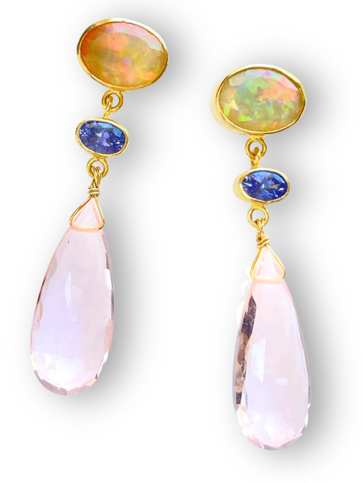 Desi Ethiopian Opal, Tanzanite and Rose Quartz Earrings