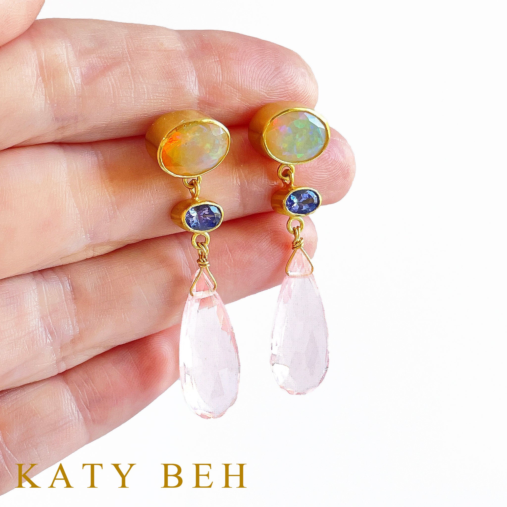 Desi Ethiopian Opal, Tanzanite and Rose Quartz Earrings