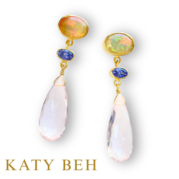 Desi Ethiopian Opal, Tanzanite and Rose Quartz Earrings