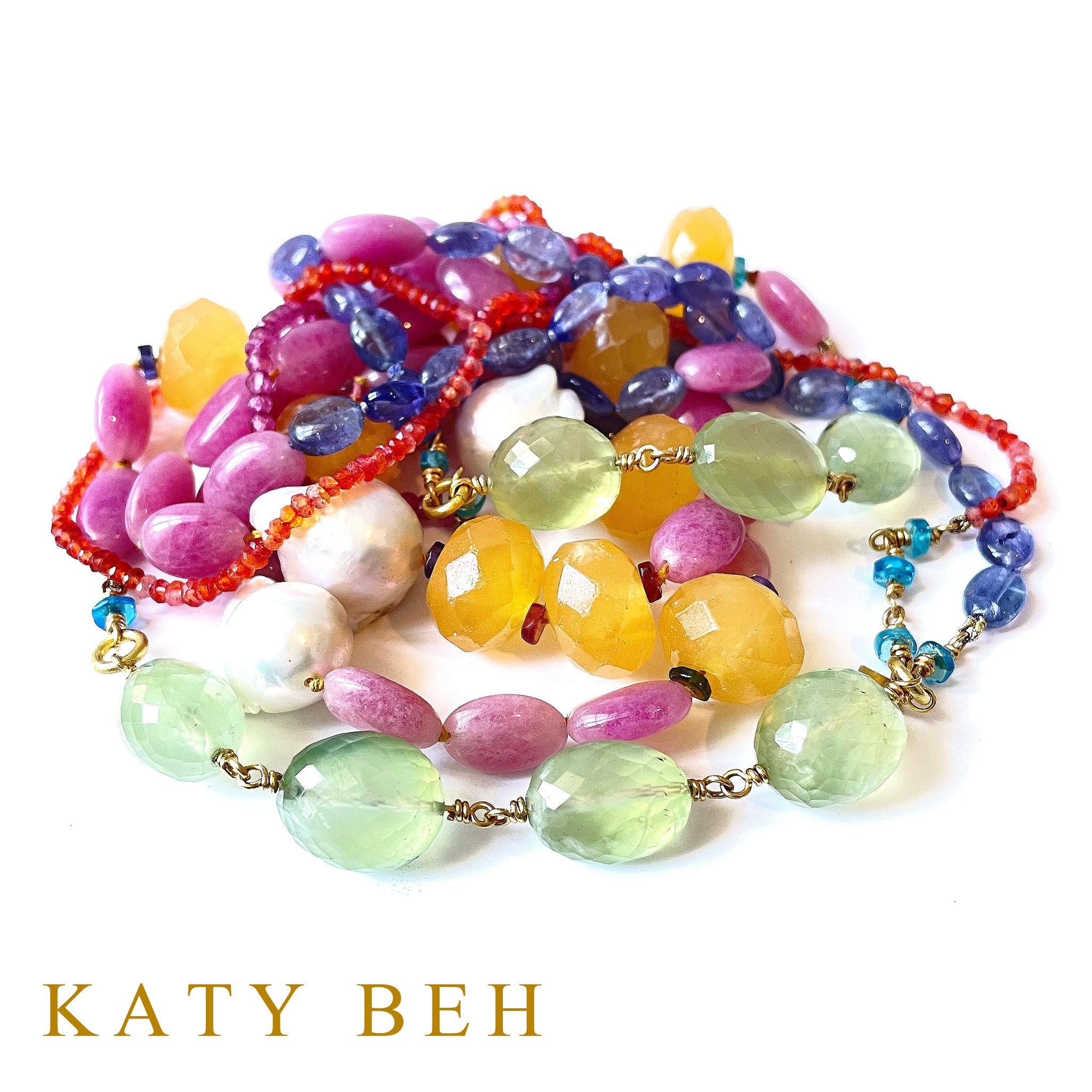 JoJo Prehnite, Fireball Pearl, Tanzanite and Pink Quartz Necklace